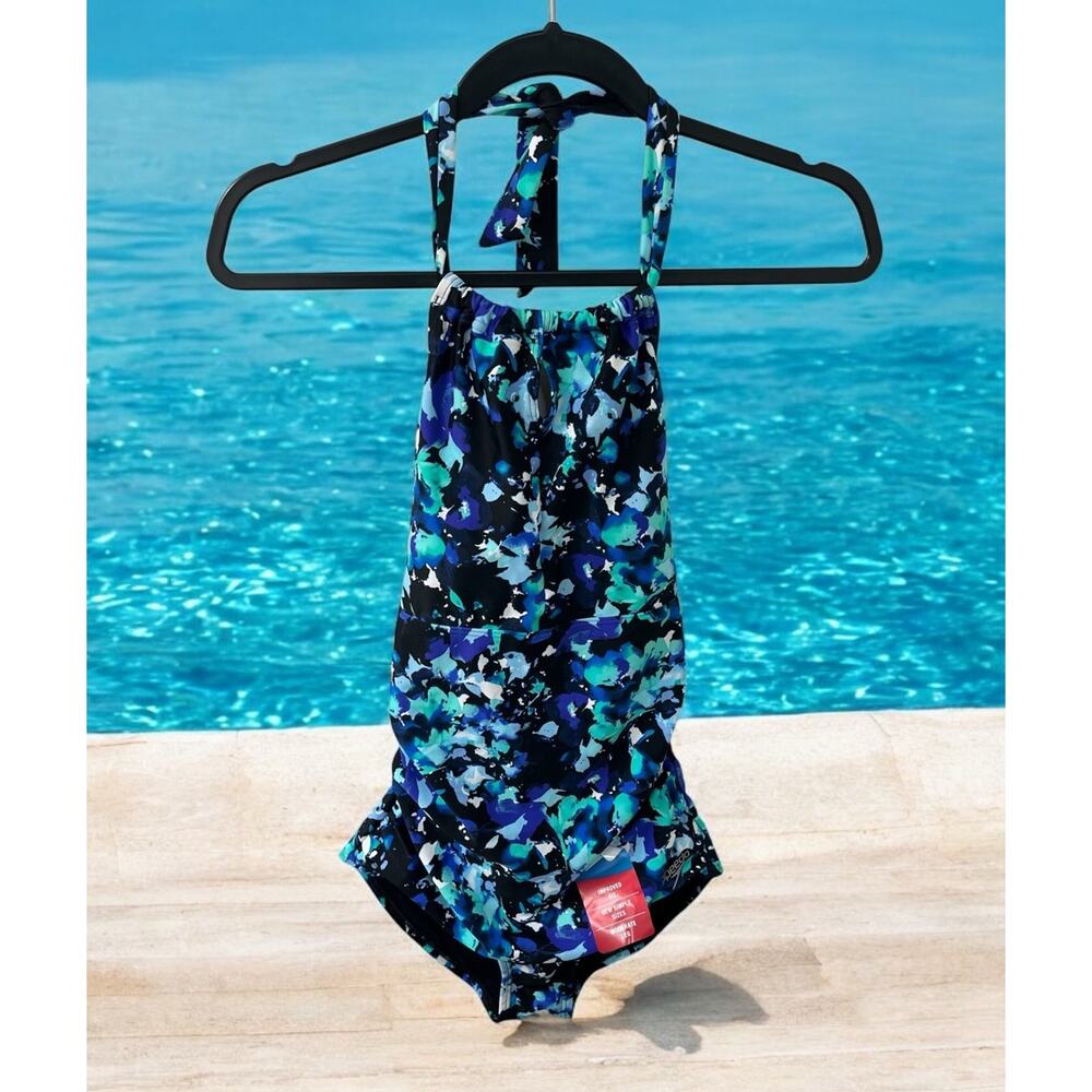 NWT Speedo Women's One Piece Swimsuit -Size SMALL UPF 50+ High neck keyhole blue